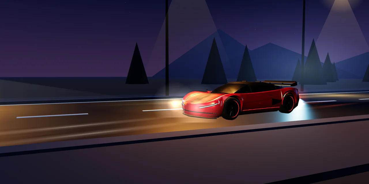 Um supercarro elétrico vermelho numa estrada molhada à noite no jogo de corrida de arrancada Torque Club